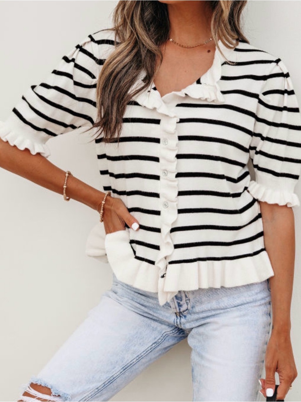 Bethany Striped Ruffle Button-Front Knit Top - White/Black